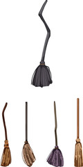 Fototapeta premium Collection of stylized flying brooms standing on a white background, useful for design elements, celebrating halloween, and creating fantasy scene illustrations
