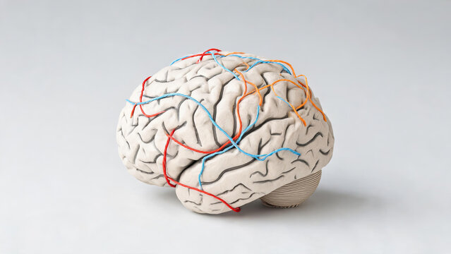 A plastic anatomical model of the human brain with colored threads representing neural connections, used for educational and scientific purposes.