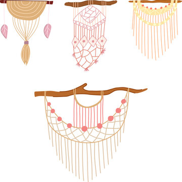 Collection of stylized macrame wall hangings made from natural ropes, decorative knots, and beads, featuring feather like details and earthy color palettes