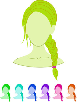 bangs hairstyles for women cartoon. layers curls, waves braid, bun ponytail bangs hairstyles for women sign vector