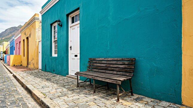Vibrant Turquoise Building Exterior With Wooden Bench on Cobblestone Street