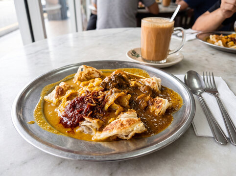 Chopped roti canai flatbread flooded with mixed curry and sambal served with teh tarik milk tea at a local restaurant