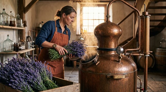 Fresh lavender enters a copper still for botanical extraction