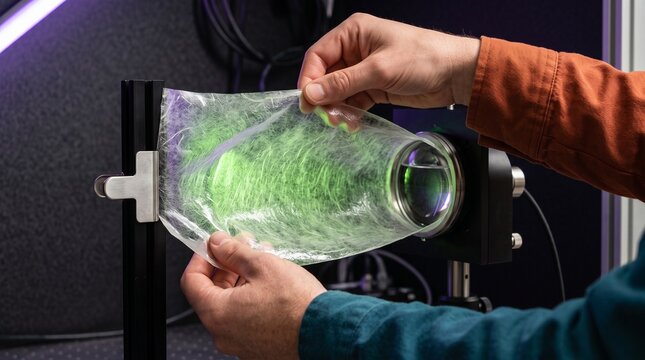 Researcher tests cellulose film behind a fluid glass optical lens