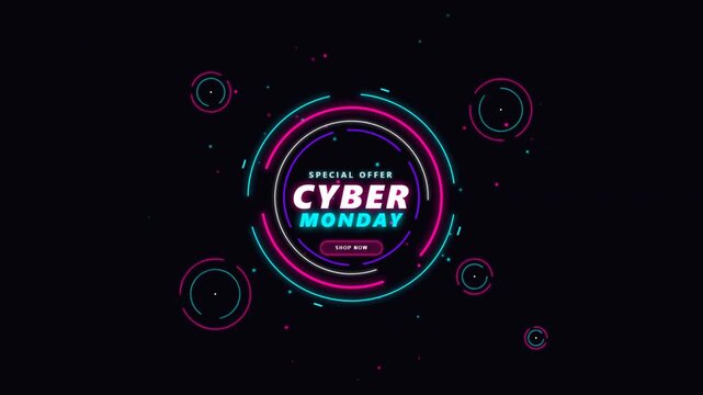 Cyber monday special offer banner with glowing neon circular digital elements on a dark background 4K Motion Video
