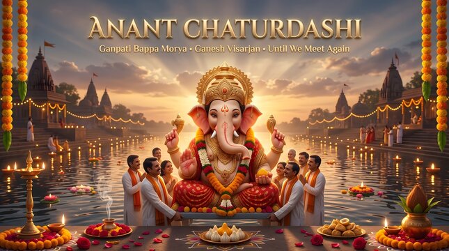 Lord ganesha statue during anant chaturdashi festival celebration at river ghat with devotional