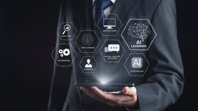 AI learning system involves deep learning, supervised machine learning, and natural language processing. AI learning diagram shows how AI advances learn in automation and data processing. Elide