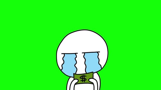 Funny cartoon character crying while holding money with green screen background, cute white stick figure weeping over cash dollars, humorous finance loss and bankruptcy concept animation loop, chroma 