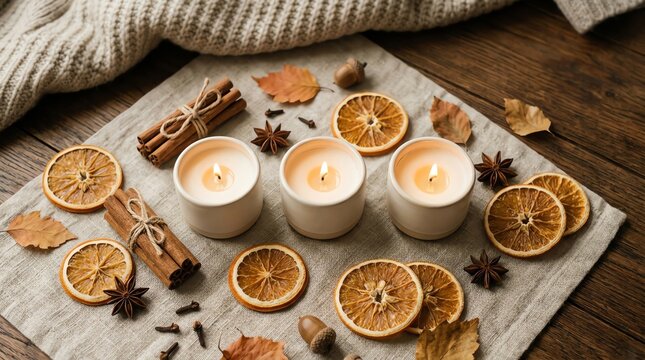 Cozy Autumn Scene with Burning Candles, Cinnamon Sticks, and Dried Oranges