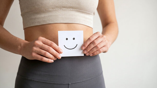Woman Holding Smiley Face Card over her stomach representing good gut health and healthy digestion.