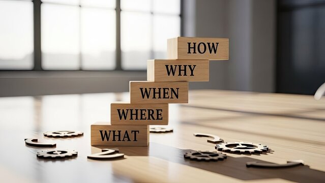 Wooden blocks with business concepts and gear objects on a table
