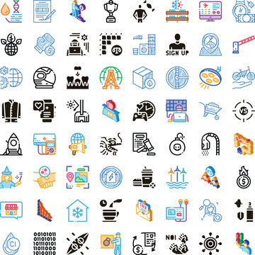 Diverse collection of line and glyph icons illustrating technology, ecology, medicine, sport, industry, nature, business, and health concepts against a clean white background