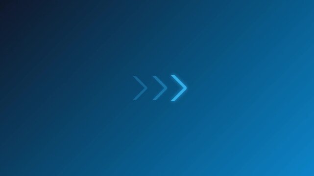 Bright glowing light blue arrows pointing right on a smooth dark blue gradient background representing fast motion speed progress forward direction and digital technology interface design elements