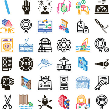 Diverse vector icon set illustrating business, technology, health, education, science, communication and social welfare concepts for digital design, ui, infographics and abstract themes