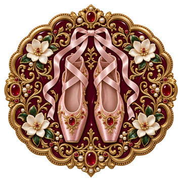 Pink Ballet Pointe Shoes with Ribbons and Ornate Golden Floral Frame