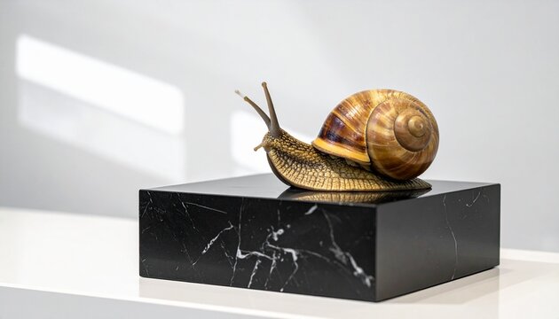 Realistic garden snail sculpture mounted on a polished black marble block inside a bright room with realistic figurine