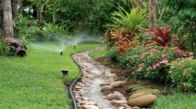 Serene Garden Landscape with Lush Greenery, Rock Pathway, and Automated Sprinkler System in Vibrant Outdoor Setting