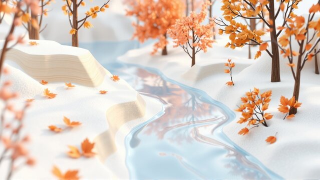 Winter scene depicts stream flowing through snowy landscape. Orange trees with falling leaves add color contrast. Minimalist style.