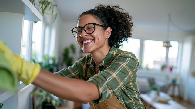 Photorealistic commercial lifestyle scene, a person tidying a bright modern living room, mid-body shot holding a cleaning cloth while wiping a shelf, sunlight streaming through lar