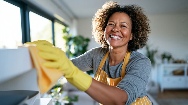 Photorealistic commercial lifestyle scene, a person tidying a bright modern living room, mid-body shot holding a cleaning cloth while wiping a shelf, sunlight streaming through lar