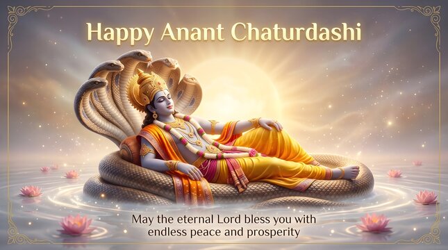 Lord vishnu reclining on ananta shesha for anant chaturdashi festival greeting with Hindu festival