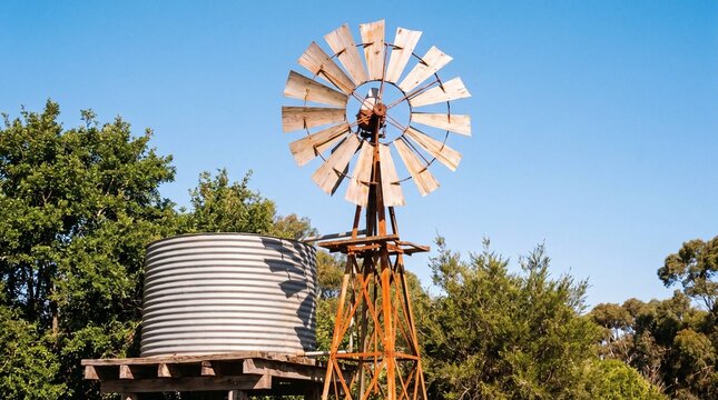 Rustic wooden windmill and corrugated water tank against clear blue sky
