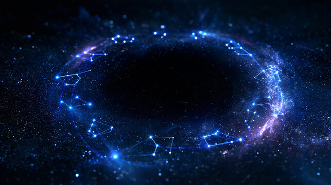 Conceptual celestial scene, twelve subtle symbolic constellations arranged in a circular formation around a dark night sky, elegant minimalist star connections, realistic star fiel