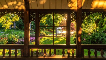 Fototapeta premium Scenic view of a lush green garden through a traditional wooden gazebo window during golden hour sunrise with sunrise sunlight