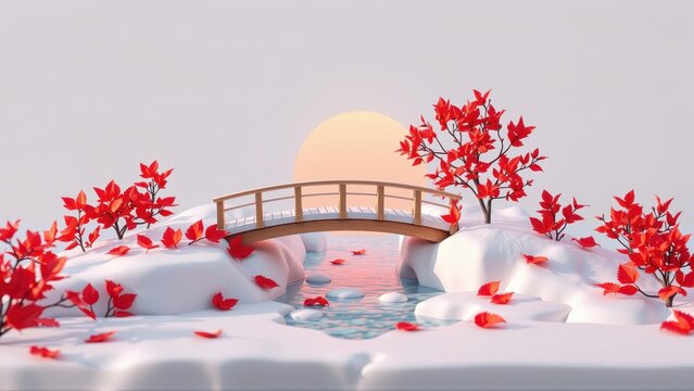 Winter landscape features small bridge over water. Snow covers ground, red foliage accents scene. Soft sunset provides warm glow.