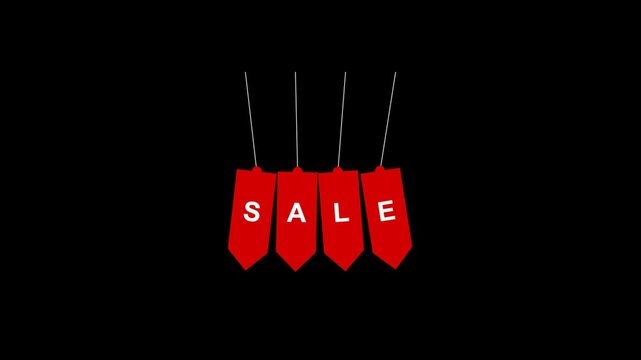 Red sale tags hanging on strings against a black background for retail promotion and shopping discount events 4K Motion Video