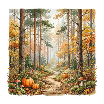 Woodland Autumn Watercolor Landscape