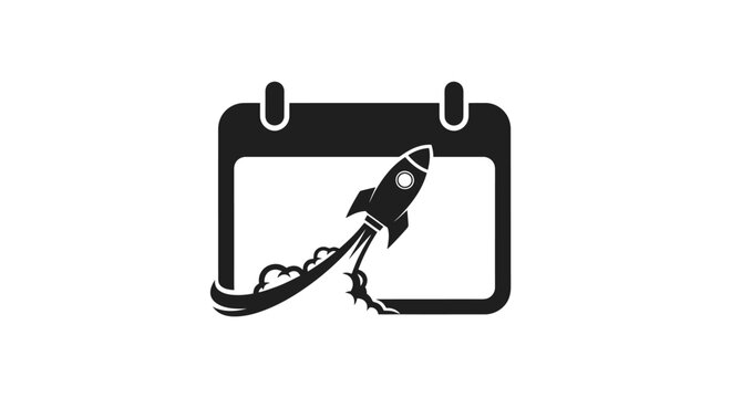 A rocket launching in front of a calendar icon, symbolizing the start of a project, deadlines, business planning, and achieving goals on time with a dynamic vector style