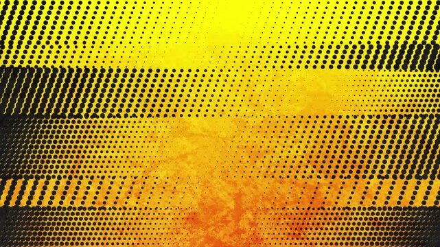 Abstract dynamic yellow and black halftone grunge background with stripe pattern effect, vintage contrast layout. Modern pop-art motion design. Seamless loop. Video animation Ultra HD 4K 3840x2160