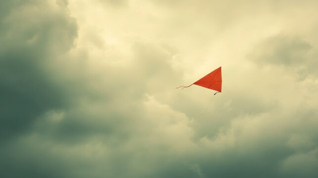 Red kite soaring cloudy sky, freedom, hope