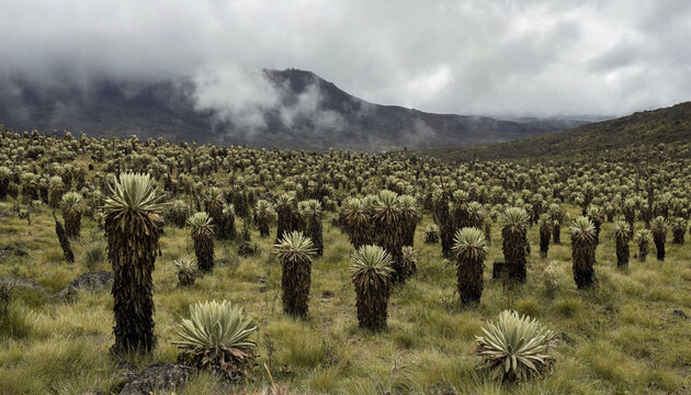 A field of frailejones plants in a altitude mountain landscape covered in thick fog and low hanging clouds under a grey overcast sky