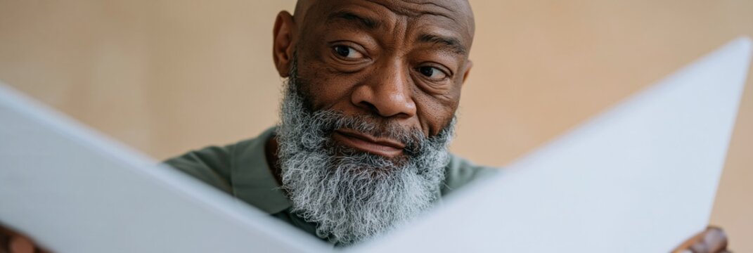 Older bearded man examining papers with concentrated and puzzled look in studio portrait for banner and web background use