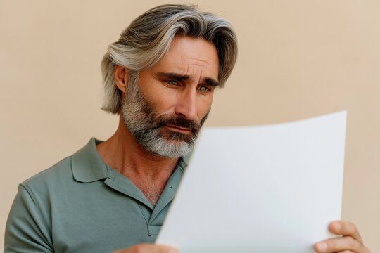 Gray haired man studying a sheet of paper with focused serious expression in studio portrait for banner and website background design