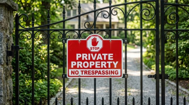 Private property no trespassing sign on a black wrought iron security gate