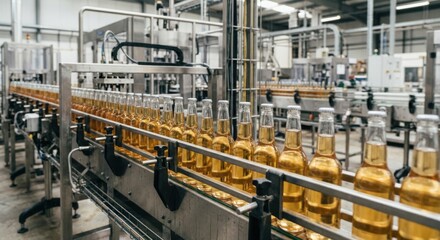 Fototapeta premium Bottles Moving on a Conveyor Line in a Beverage Production Factory