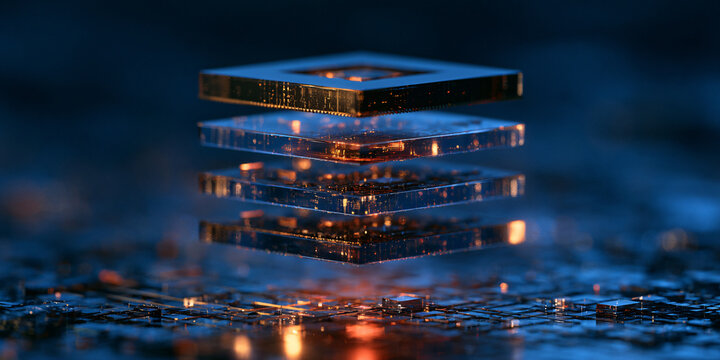Futuristic microchip with glowing stacked semiconductor layers representing advanced hardware technology