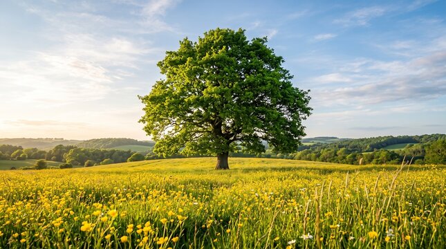 A solitary green tree stands majestically in a vibrant field of yellow wildflowers under a clear blue sky with rolling hills in the distance, bathed in warm sunlight.