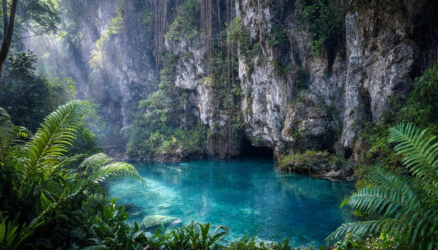 A serene turquoise jungle pool nestled within a deep limestone cave, surrounded by lush green ferns and towering rock formations in nature