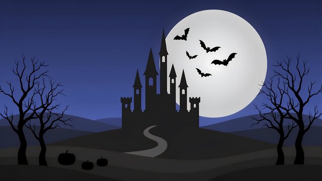 Spooky haunted castle silhouette under a large full moon with flying bats and bare trees at night