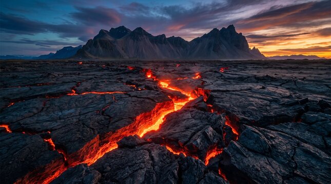 Molten lava river flowing through dark volcanic rock with jagged mountains under a dramatic sunset sky.