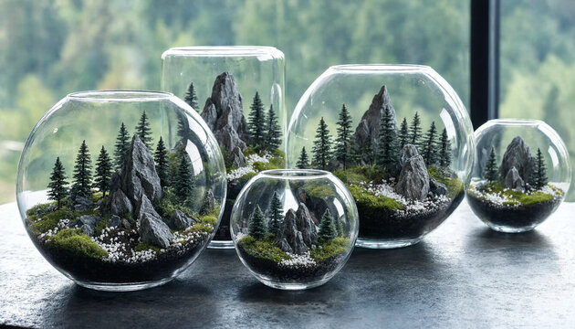 A collection of round glass bowls containing miniature landscapes with grey mountain rocks, small pine trees, moss, and white gravel stones