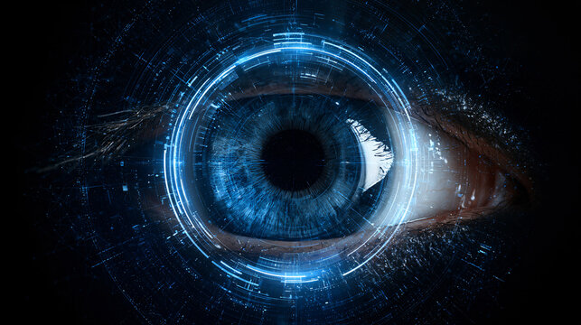 Futuristic Digital Human Eye with High Tech Blue Interface for Biometric Identification and Artificial Intelligence Concepts
