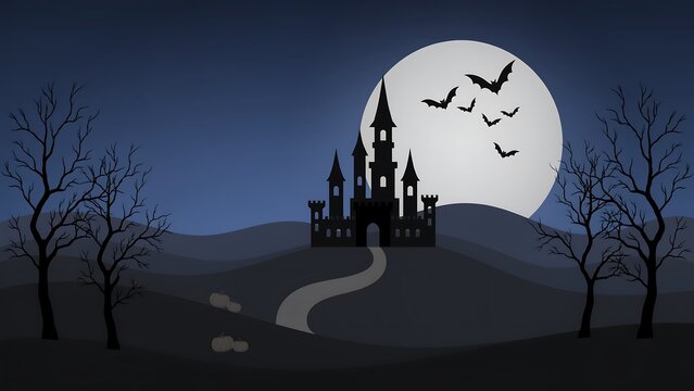 Spooky haunted castle silhouette on a hill under a large full moon with flying bats at night