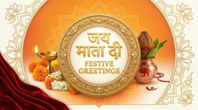 Jai mata di festive greetings card design featuring golden circular frame with traditional coconut and oil lamp setup.
