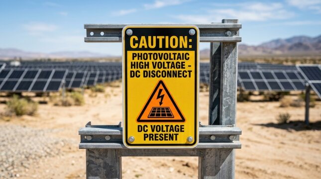 Photovoltaic high voltage DC disconnect caution sign at a solar farm