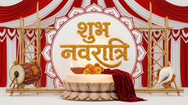 Shubh navratri festive background with marigold floral lettering kalash dhol drum and lotus podium for religious greeting.